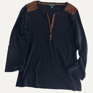 Lauren Ralph Lauren Black Henley Shirt with Suede Detail – Size L